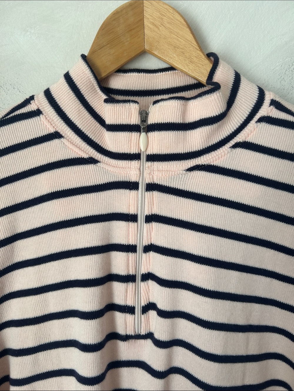 L.L. Bean Nautical Striped Cotton 1/4 Zip Mock Neck Long Sleeve Top Medium Cream - Picture 2 of 7